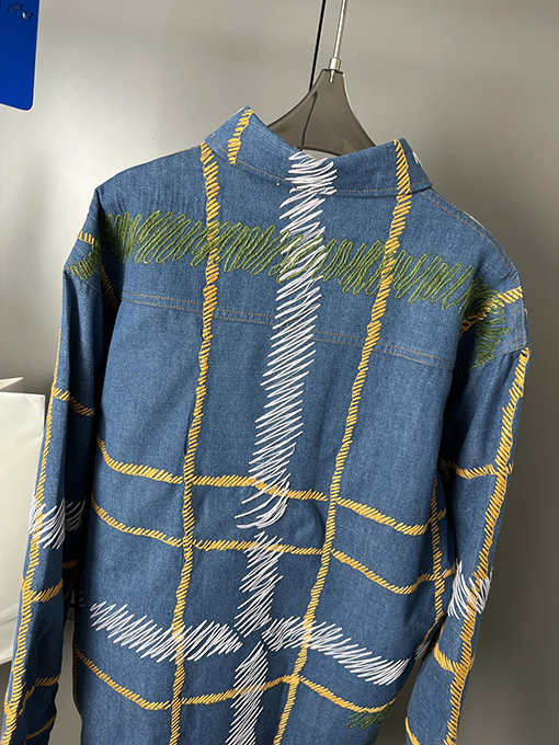 ディオール ブルー刺繍チェック柄ボタンネックコットン長袖シャツ