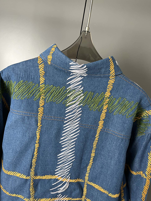 ディオール ブルー刺繍チェック柄ボタンネックコットン長袖シャツ