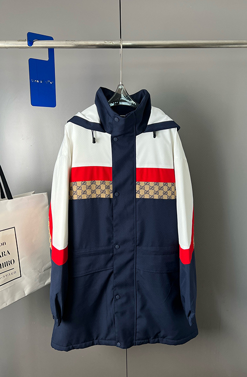 グッチ パッチワークロングフード付きトレンチコート