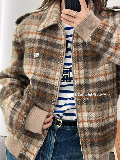 セリーヌ チェック柄ラペル長袖ジャケット