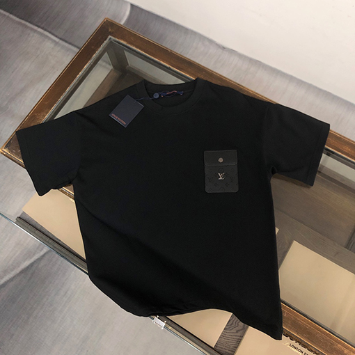 ルイヴィトン LVピンレザー偽ポケットラウンドネック半袖Tシャツ