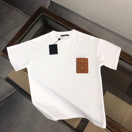 ルイヴィトン LVピンレザー偽ポケットラウンドネック半袖Tシャツ