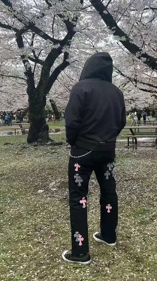 クロムハーツ  限定フレイムパウダークロスチェックストレートレザージーンズ