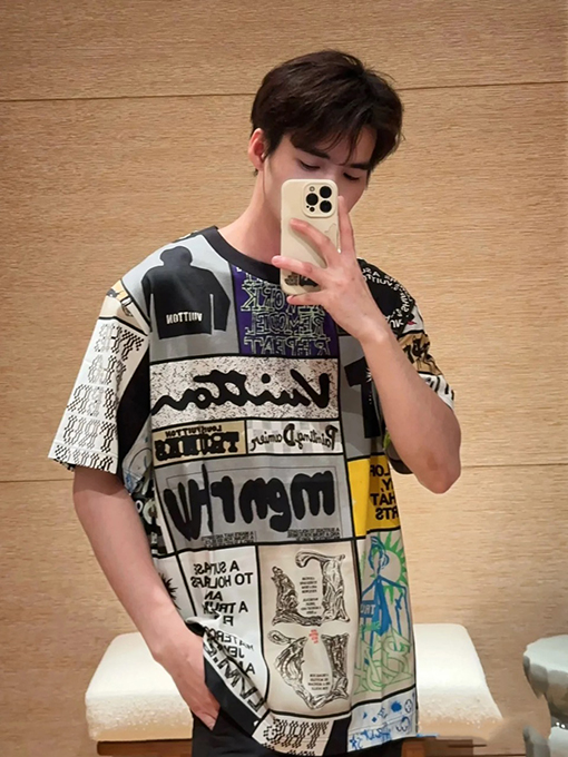 ルイヴィトン 新作チェック柄ロゴプリントコットン半袖Tシャツ