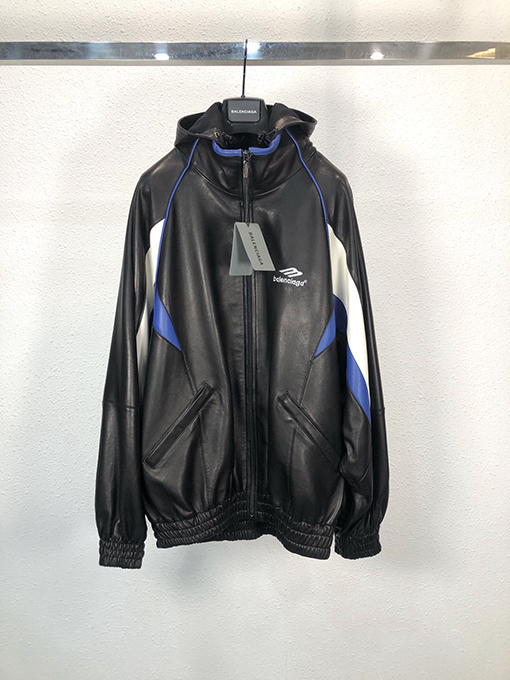 バレンシアガ Tracksuitパッチワーク フードレザーコート フード取り外しオーバーサイズ
