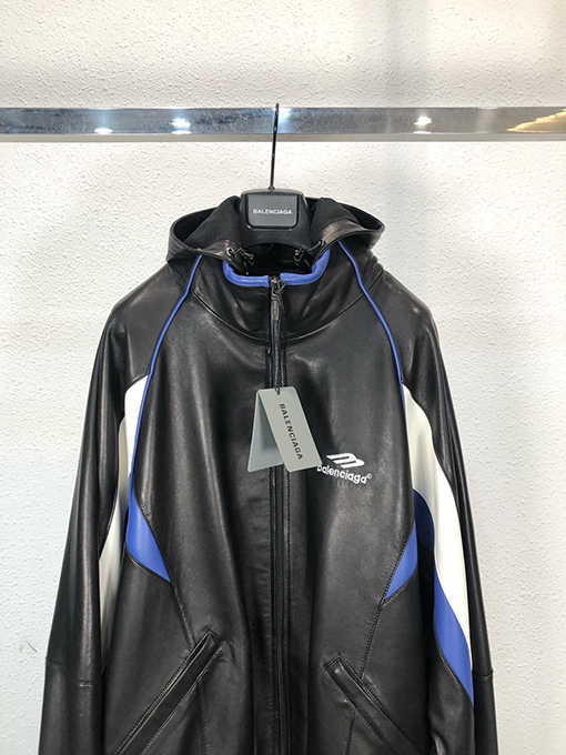 バレンシアガ Tracksuitパッチワーク フードレザーコート フード取り外しオーバーサイズ