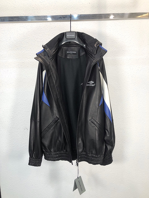 バレンシアガ Tracksuitパッチワーク フードレザーコート フード取り外しオーバーサイズ