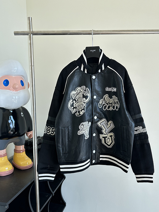 ルイヴィトン 刺繍とレザースリーブのベースボールジャケット