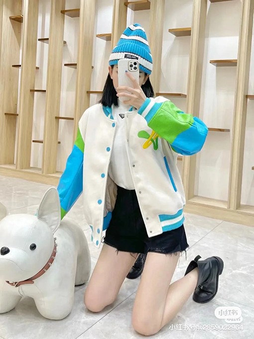 ルイヴィトン  ブルーグリーン レザーベースボールジャケット