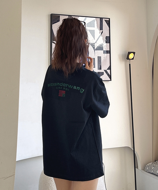 アレキサンダーワン 半袖 Tシャツ カラーキュービックデザイン背中ホットダイヤモンド旗印刷