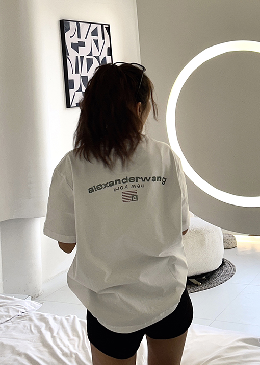 アレキサンダーワン 半袖 Tシャツ カラーキュービックデザイン背中ホットダイヤモンド旗印刷