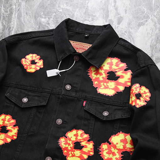 DENIM TEARSデニムジャケット ビンテージウォッシングほのお プリント