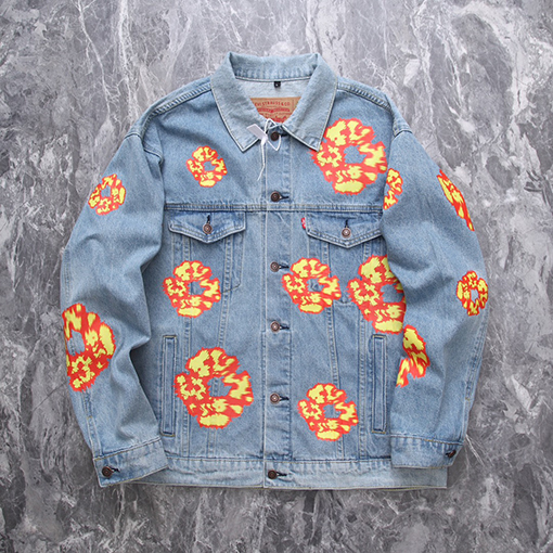 DENIM TEARSデニムジャケット ビンテージウォッシングほのお プリント