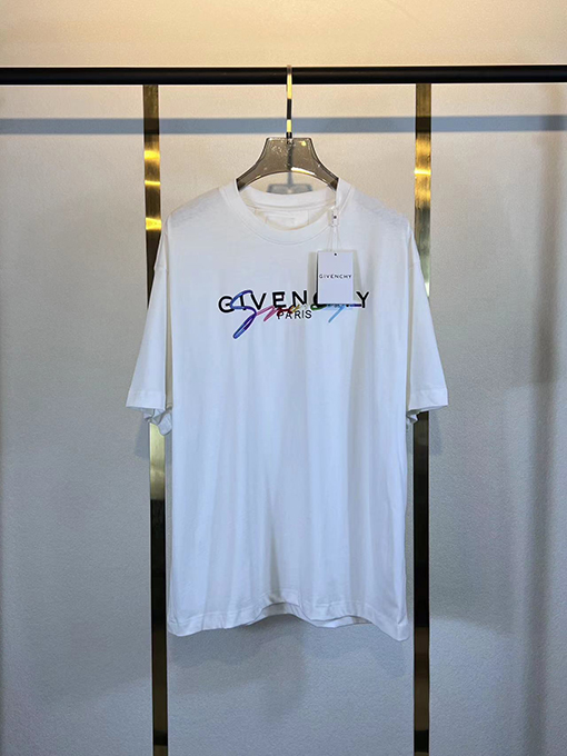 ジバンシィクラシックな立体文字の虹色プリント刺繍Tシャツ