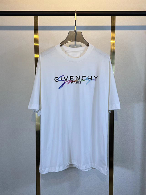 ジバンシィクラシックな立体文字の虹色プリント刺繍Tシャツ