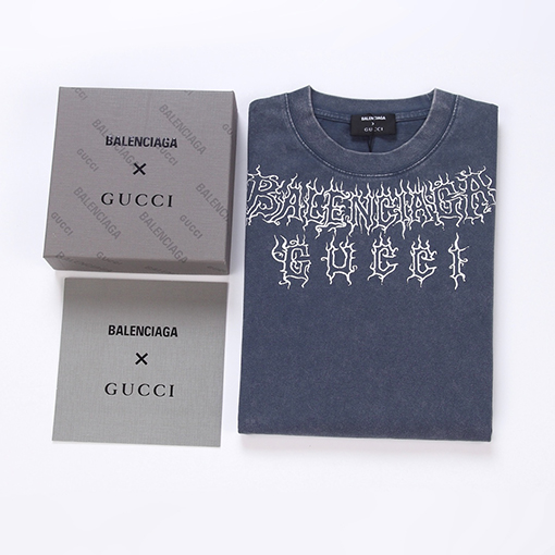 グッチxバレンシアガ ウォッシュヴィンテージ亀裂工芸半袖Tシャツ