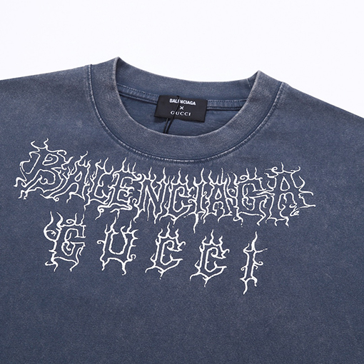 グッチxバレンシアガ ウォッシュヴィンテージ亀裂工芸半袖Tシャツ