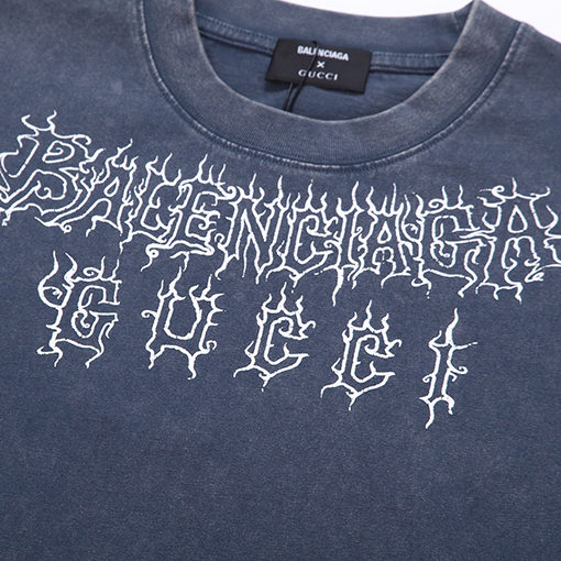 グッチxバレンシアガ ウォッシュヴィンテージ亀裂工芸半袖Tシャツ