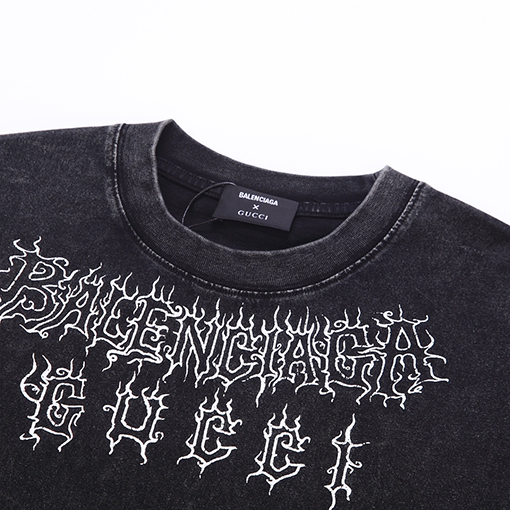 グッチxバレンシアガ ウォッシュヴィンテージ亀裂工芸半袖Tシャツ