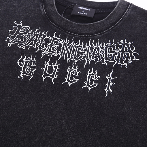グッチxバレンシアガ ウォッシュヴィンテージ亀裂工芸半袖Tシャツ