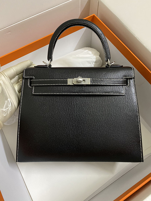 エルメス ケリー25 cmブラックインナーフラッグレッドトートバッグ