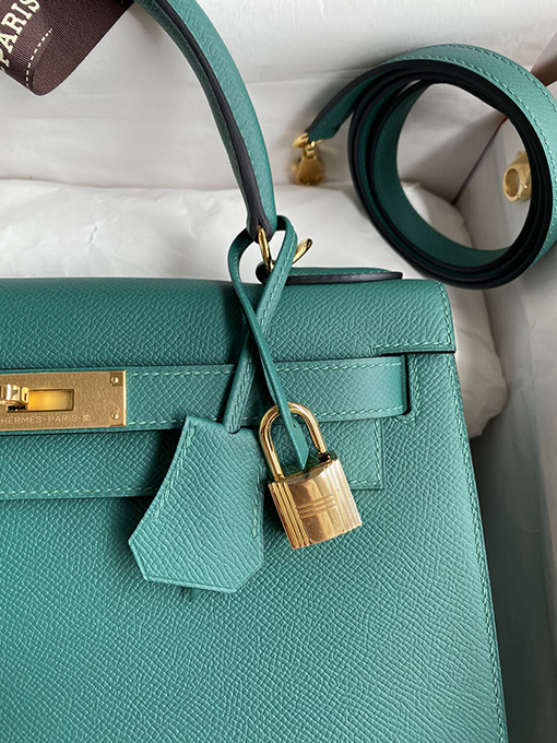エルメス  ケリー28 cmピーコックグリーンゴールドバックルトートバッグ
