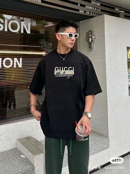 グッチ X バレンシアガ 純綿立体凸ゴムニット技術ロゴ半袖Tシャツ
