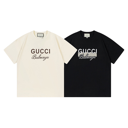 グッチ X バレンシアガ 純綿立体凸ゴムニット技術ロゴ半袖Tシャツ