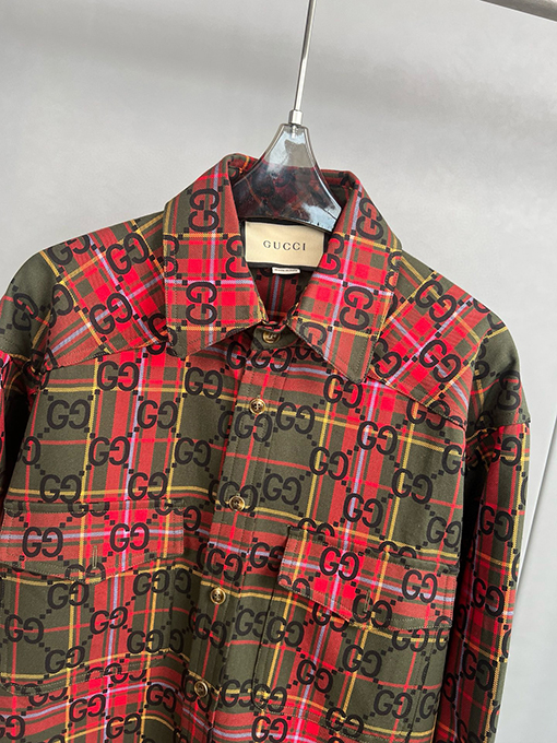 グッチ ステッチチェック柄ウールシャツジャケット
