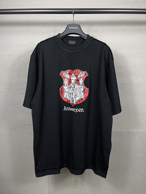 バレンシアガコピー バックロゴウォッシュ磨かれた古い半袖Tシャツ