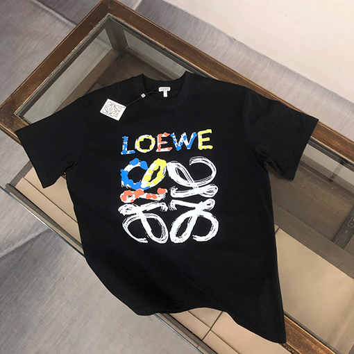 ロエベスーパーコピー トッププリントクラフトパターンコントラストロゴ半袖Tシャツ