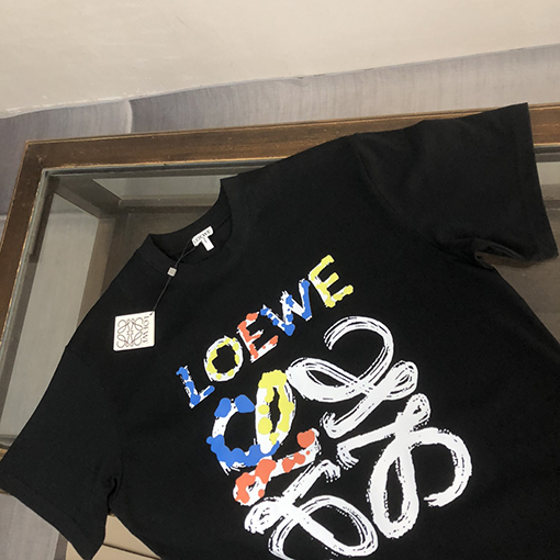 ロエベスーパーコピー トッププリントクラフトパターンコントラストロゴ半袖Tシャツ