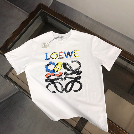 ロエベスーパーコピー トッププリントクラフトパターンコントラストロゴ半袖Tシャツ