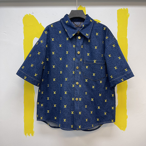 ルイヴィトンコピー 刺繍ロゴ半袖デニムシャツ