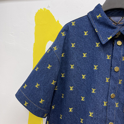 ルイヴィトンコピー 刺繍ロゴ半袖デニムシャツ