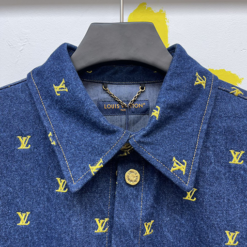 ルイヴィトンコピー 刺繍ロゴ半袖デニムシャツ