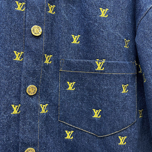 ルイヴィトンコピー 刺繍ロゴ半袖デニムシャツ