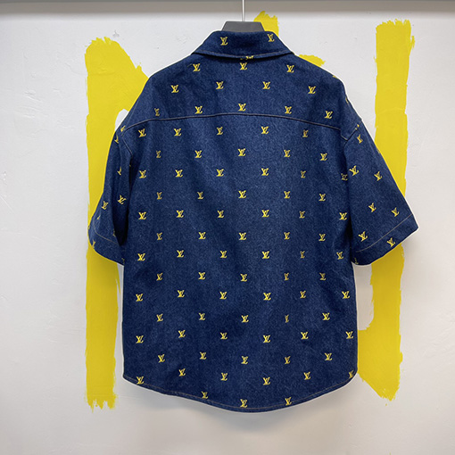 ルイヴィトンコピー 刺繍ロゴ半袖デニムシャツ