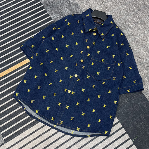 ルイヴィトンコピー    刺繍ロゴ半袖デニムシャツ