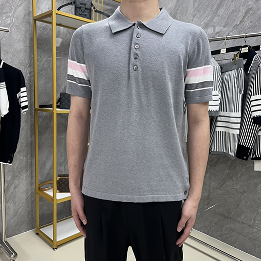 トムブラウン ニット袖口三色ストライプラペルPOLO半袖シャツ