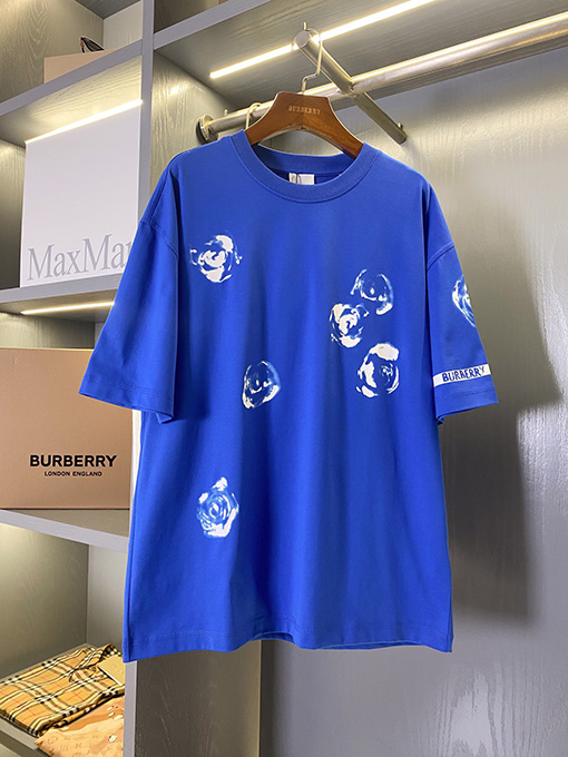 バーバリー  ナイトブルーローズコットン半袖Tシャツ