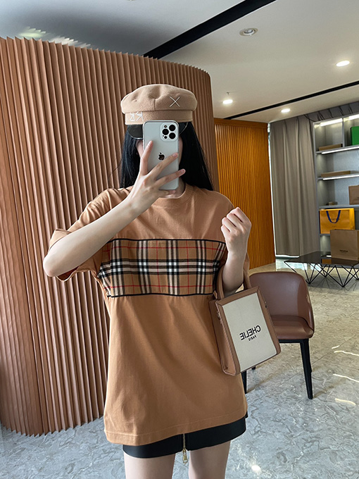 バーバリー チェック柄パッチワークコットン半袖Tシャツ