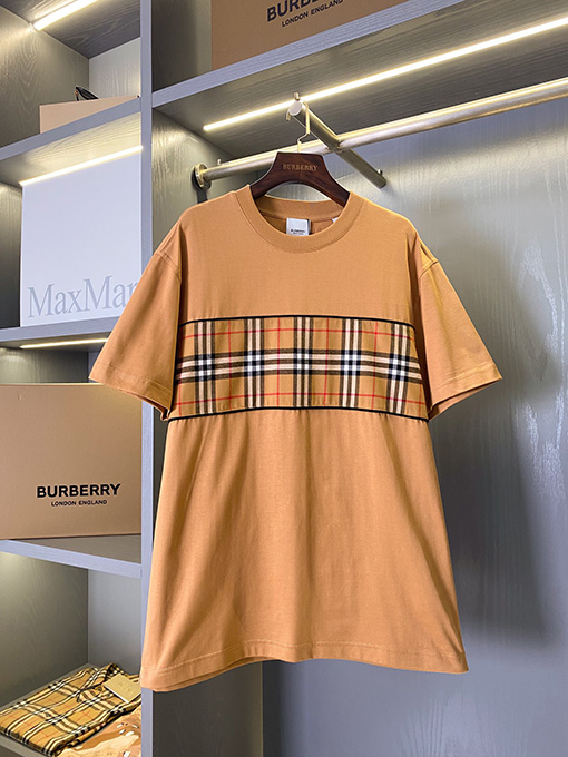 バーバリー チェック柄パッチワークコットン半袖Tシャツ