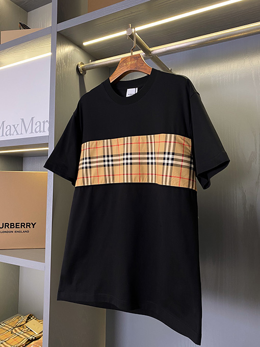 バーバリー チェック柄パッチワークコットン半袖Tシャツ