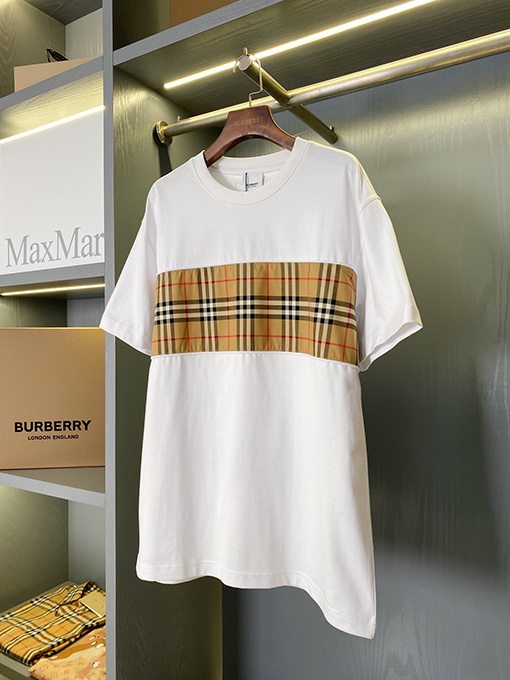 バーバリー チェック柄パッチワークコットン半袖Tシャツ