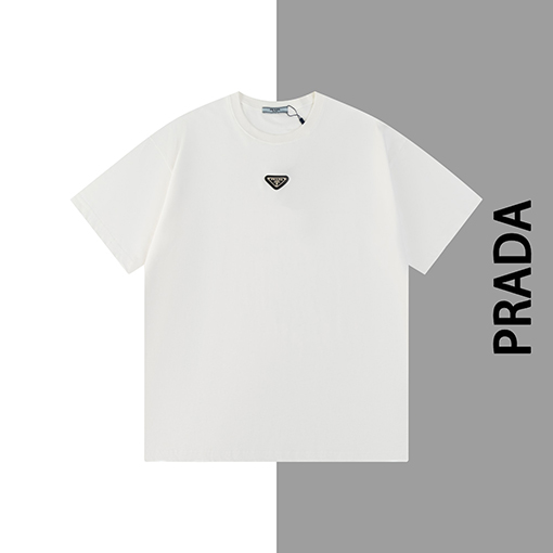 プラダ   小さなラベルのずれた襟の半袖Tシャツ