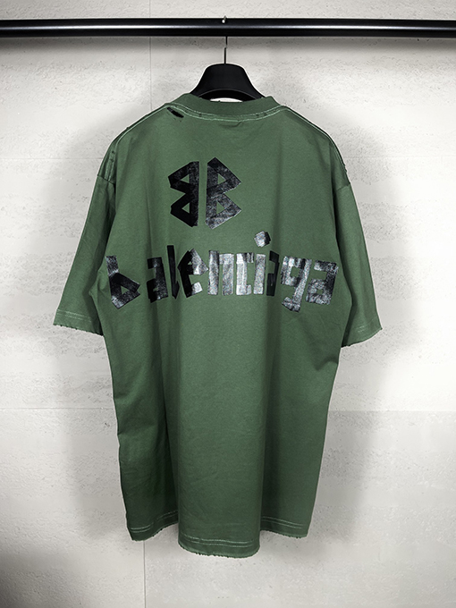 バレンシアガ テープパルププリント水洗い磨かれた古い半袖Tシャツ