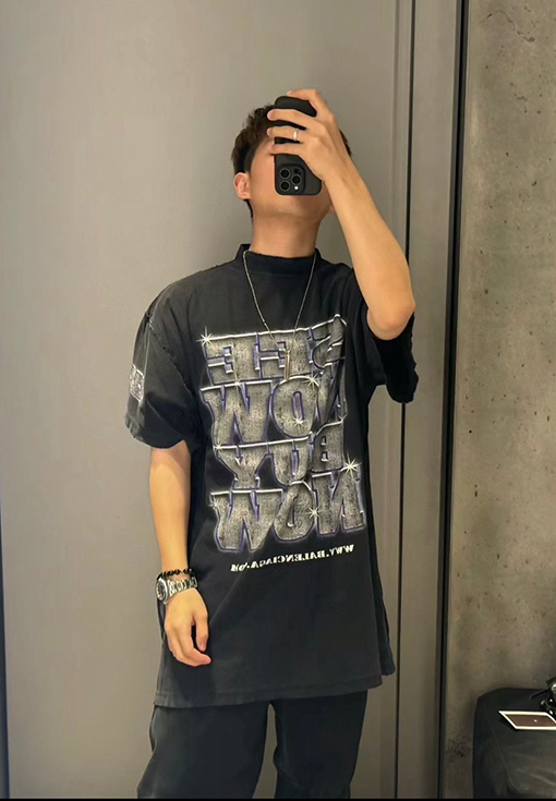 バレンシアガコピー ダイヤモンドプリントクラックダメージウォッシュ半袖Tシャツ