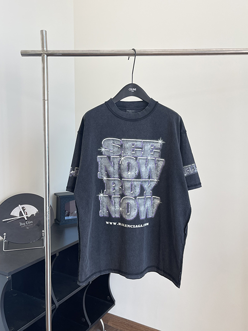 バレンシアガコピー ダイヤモンドプリントクラックダメージウォッシュ半袖Tシャツ