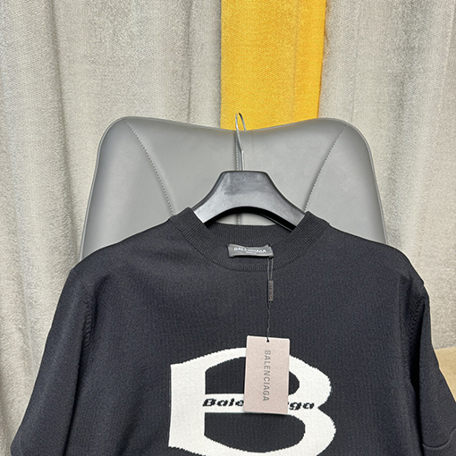 バレンシアガ   白いBBプリントクルーネックニット半袖Tシャツ
